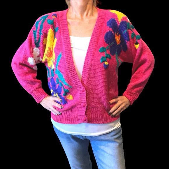 Vintage 80s Jaclyn Smith Hot Pink Floral Statement Cardigan Sweater Knit Small - Picture 4 of 12